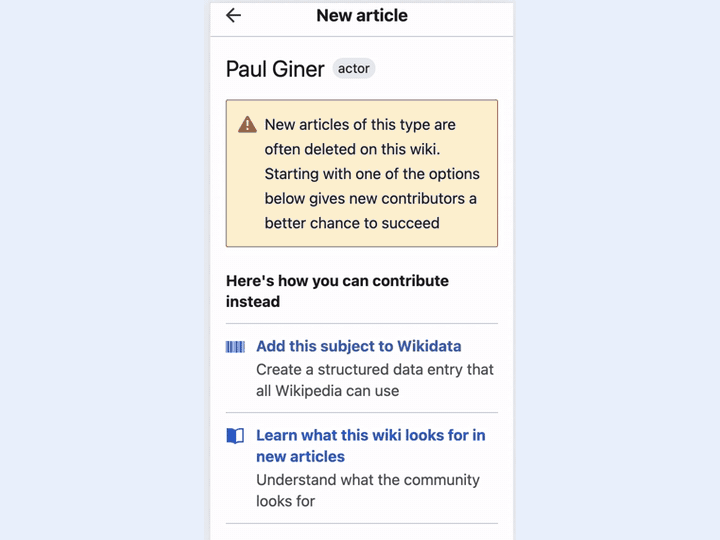 Article Guidance on a phone, from start to finish: typing the title Buster Keaton, picking the matching topic, adding a source, reading tips for actor articles, writing in the editor, then the Article has been published message