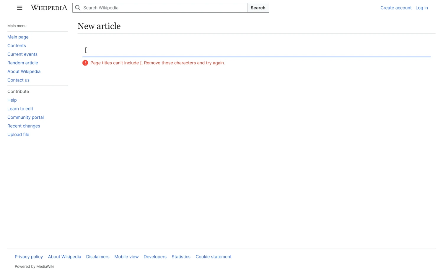 A New article page explaining that page titles can't include a bracket, and to remove it and try again