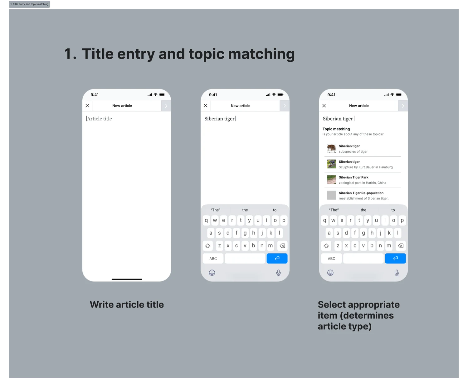 Article Guidance step one on a phone: write the article title, then pick the matching topic