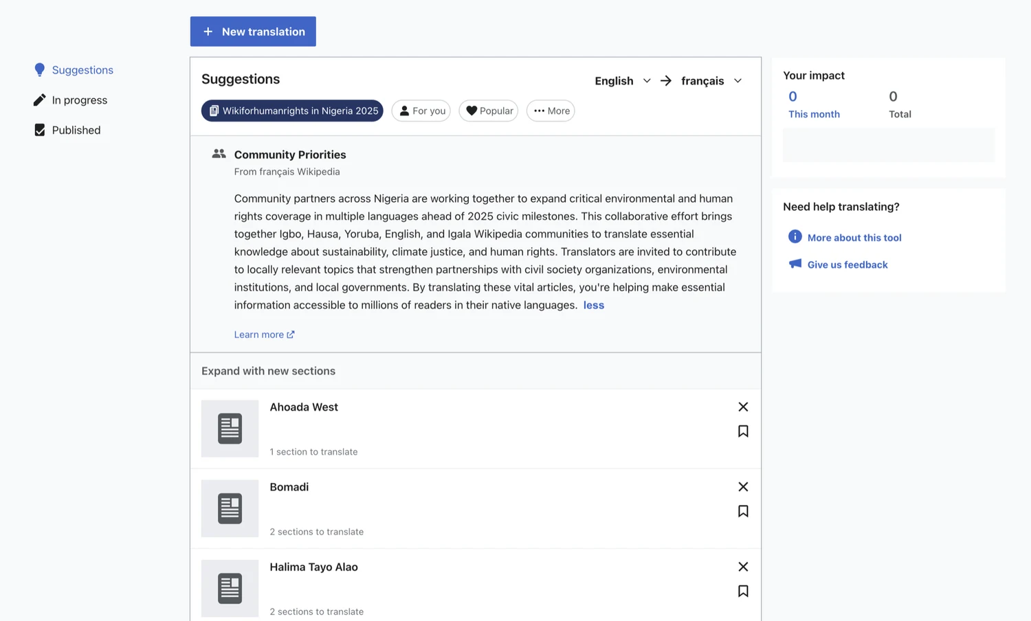 Translation suggestions with a Community Priorities banner for Wikiforhumanrights in Nigeria 2025, from French Wikipedia