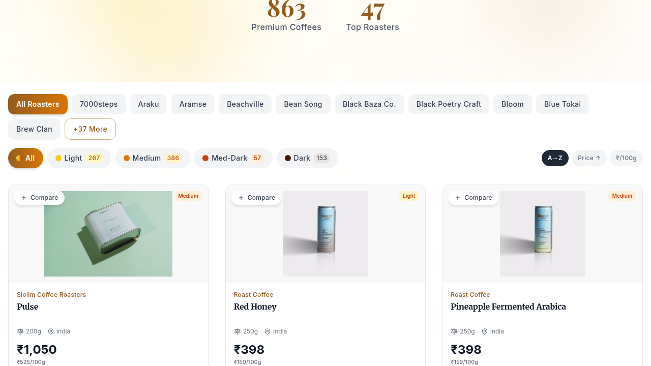 Discover page with roaster filters, roast type pills, and product cards with prices