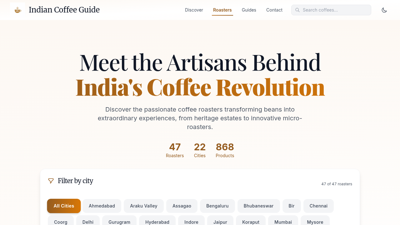 Indian Coffee Guide roasters page showing 47 roasters across 22 cities with city filter