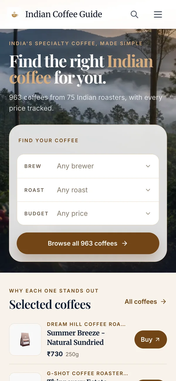 Indian Coffee Guide homepage on a phone