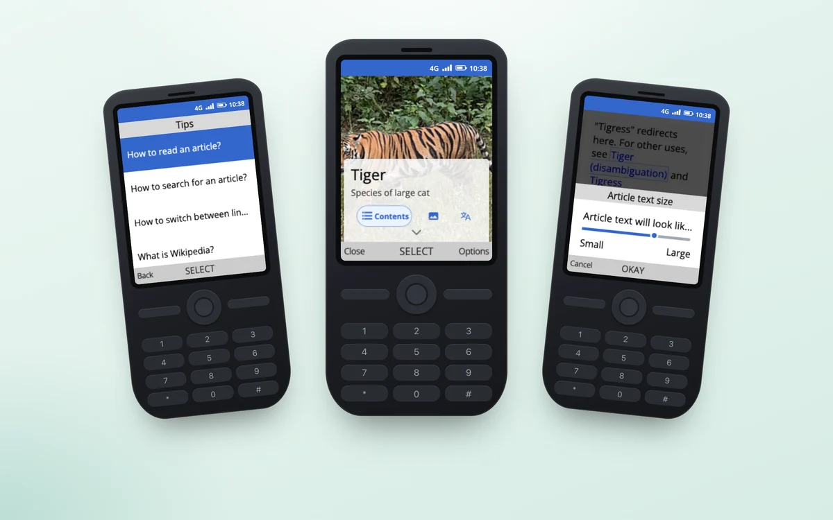 Three keypad phones running Wikipedia for KaiOS: the Tips list, the Tiger article, and the article text size slider