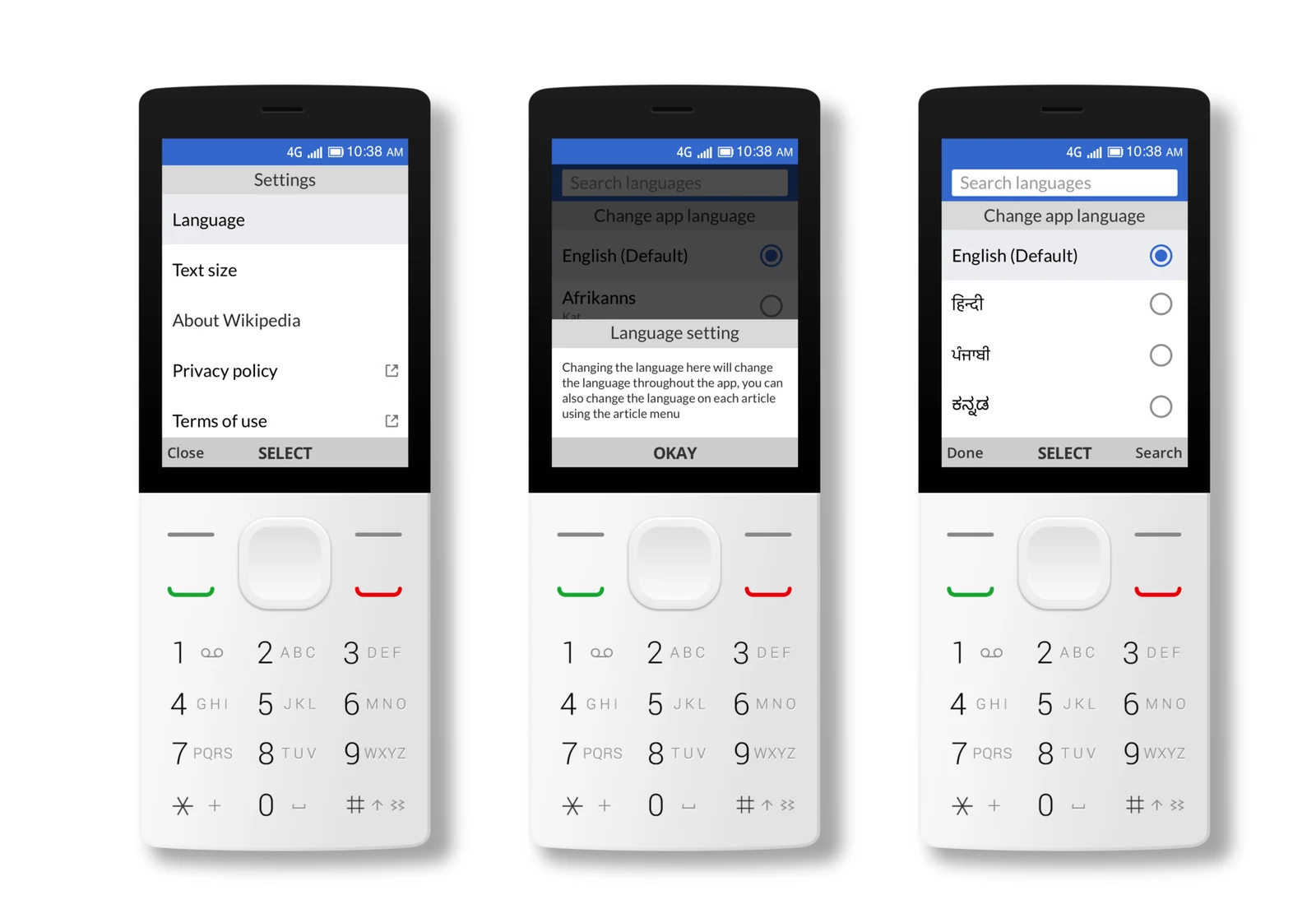My mockups of changing the app language, with Hindi, Punjabi and Kannada at the top of the list
