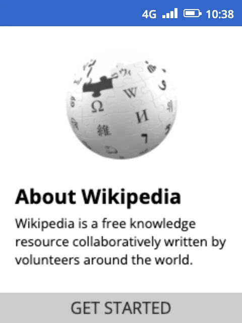 Onboarding: About Wikipedia, with a Get started button