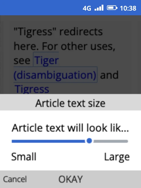 The Article text size slider over the Tiger article