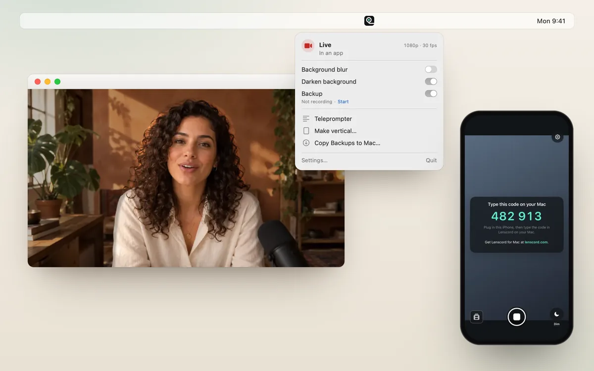 Lenscord on a Mac and an iPhone: the menu bar panel, a video call and the iPhone pairing screen