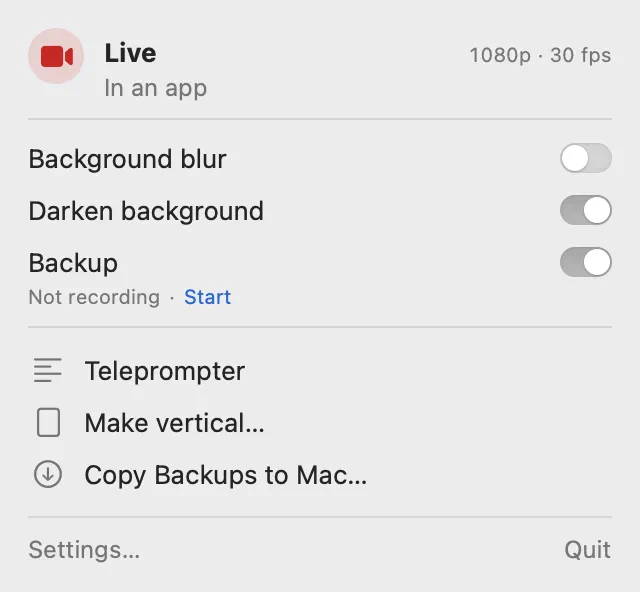 Lenscord menu bar panel: Live in an app, switches for Background blur, Darken background and Backup