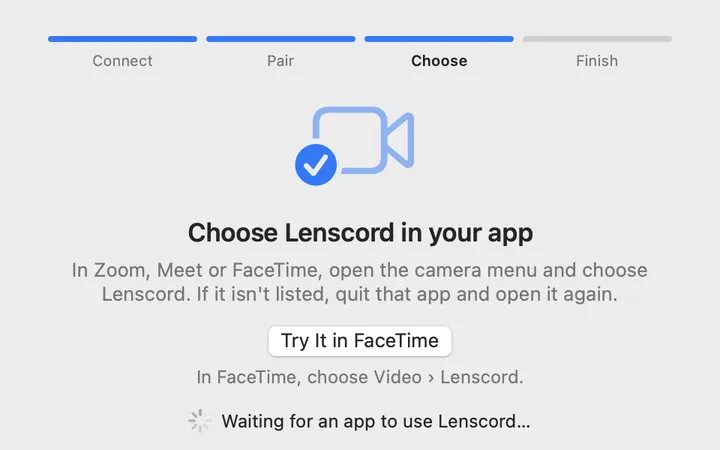 Setup step three of four: Choose Lenscord in your app