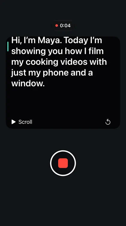 Shorts recording: the script in large text near the top and a red stop button