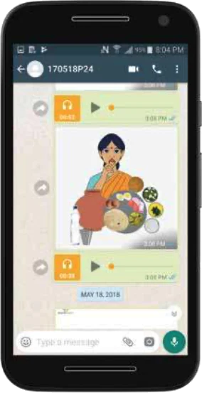 A 2018 Noora Health WhatsApp chat on a phone: two short Kannada audio messages around an illustration of a mother with a plate of nutritious food, made for families on limited data