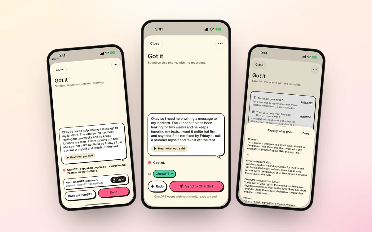 Three Promptbook 1.2 screens: a message ready to send to ChatGPT, a note that ChatGPT's app didn't open so its website did, and the Exactly what goes sheet