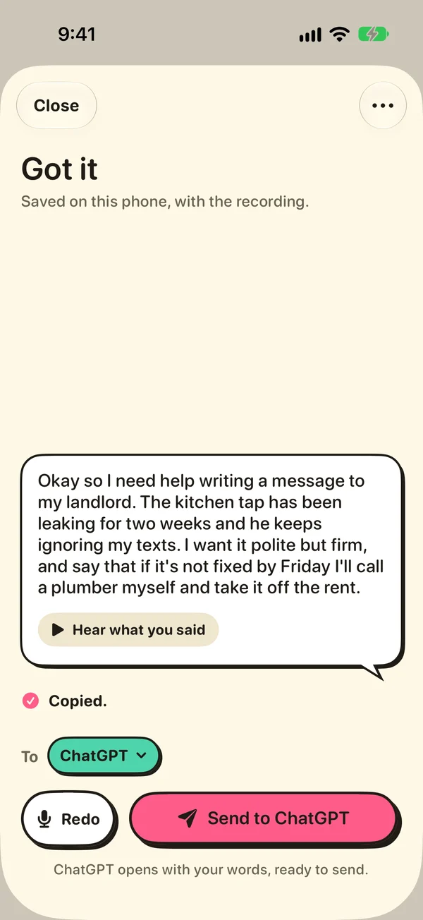 A message in a speech bubble, Copied, To ChatGPT, and a Send to ChatGPT button