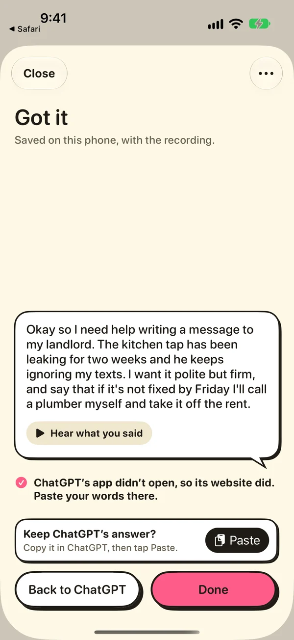 ChatGPT's app didn't open, so its website did. Paste your words there. Keep ChatGPT's answer? Paste.