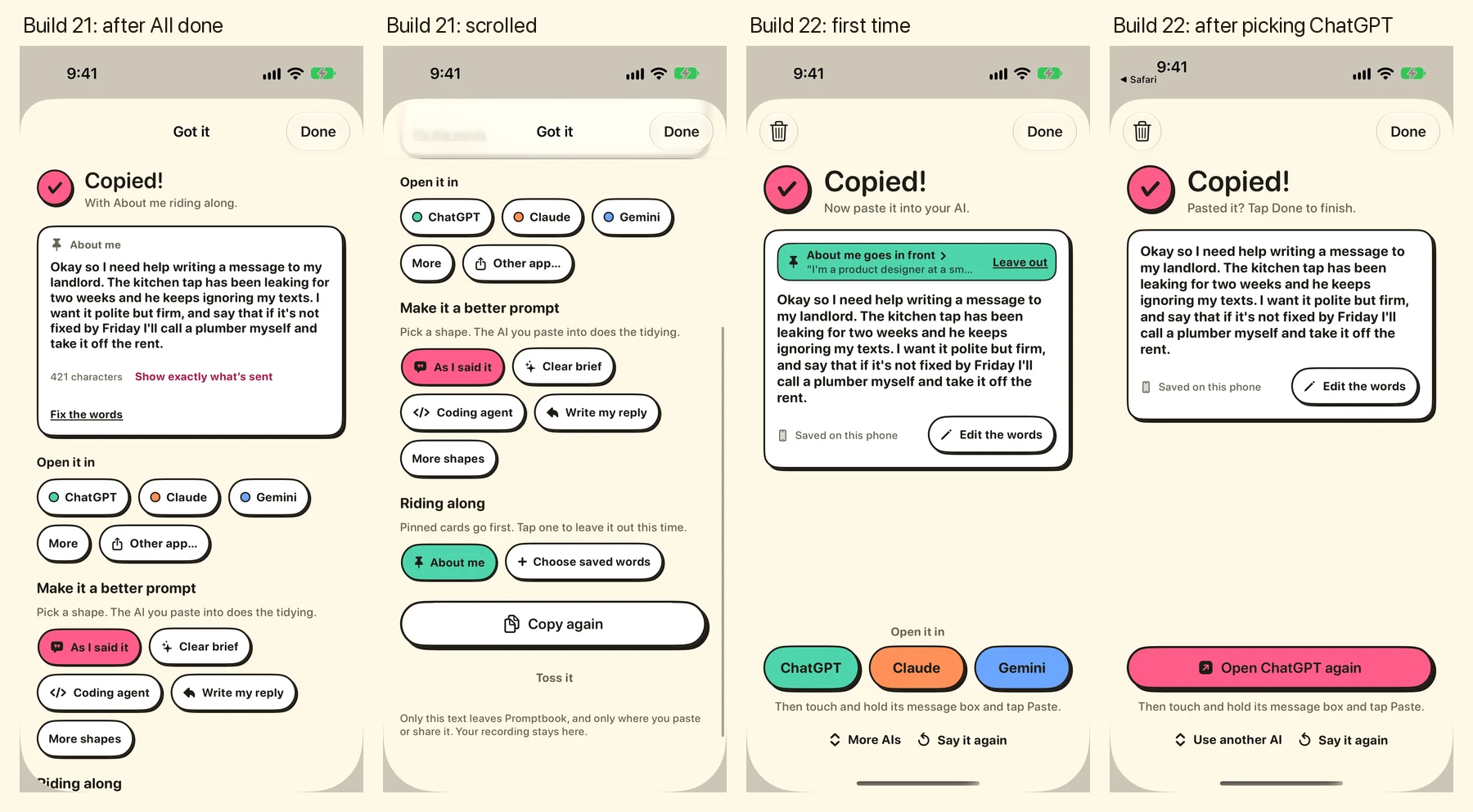 Build 21's busy sheet with many options, scrolled, next to build 22's simpler screens with one row of AI choices