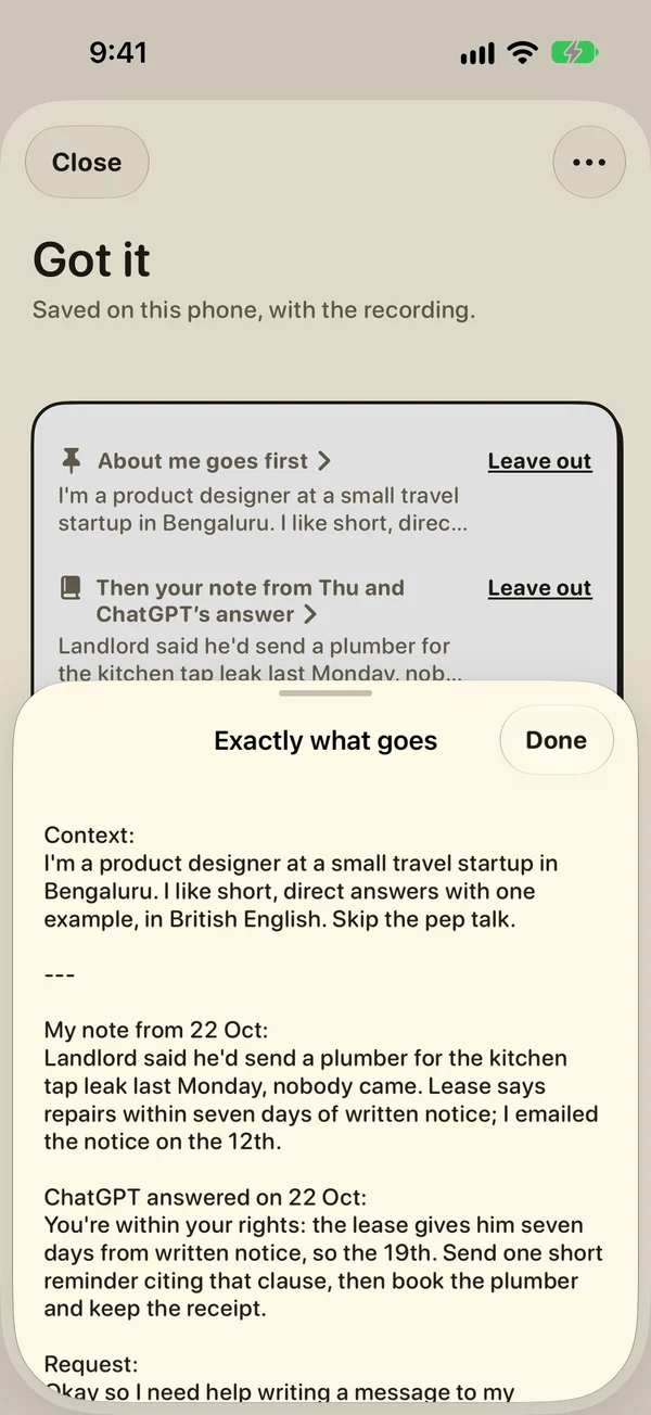 The Exactly what goes sheet, showing the pinned context, an earlier dated note with ChatGPT's answer, and the request