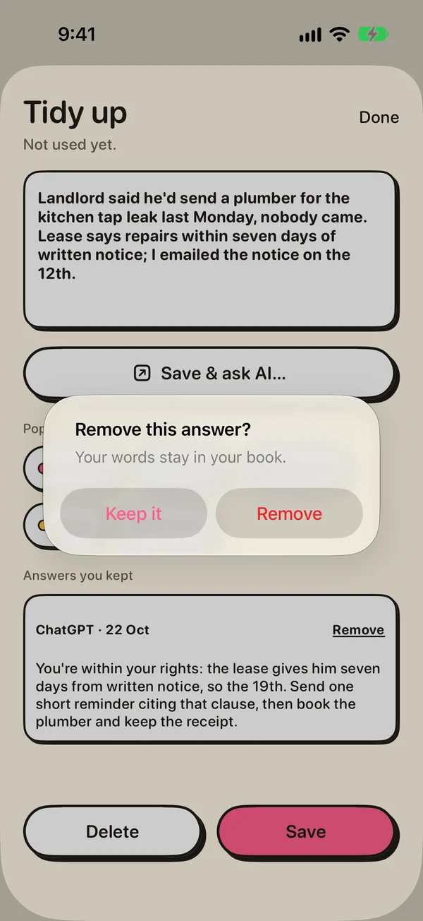 Remove this answer? Your words stay in your book. Keep it, or Remove.