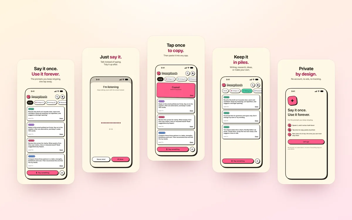 Five Promptbook App Store screenshots