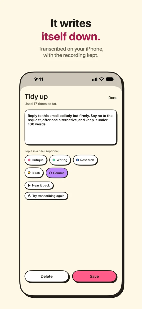 App Store screenshot: It writes itself down