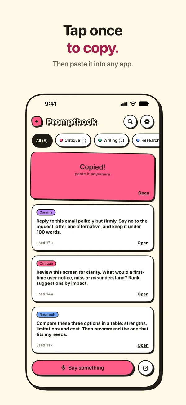 App Store screenshot: Tap once to copy