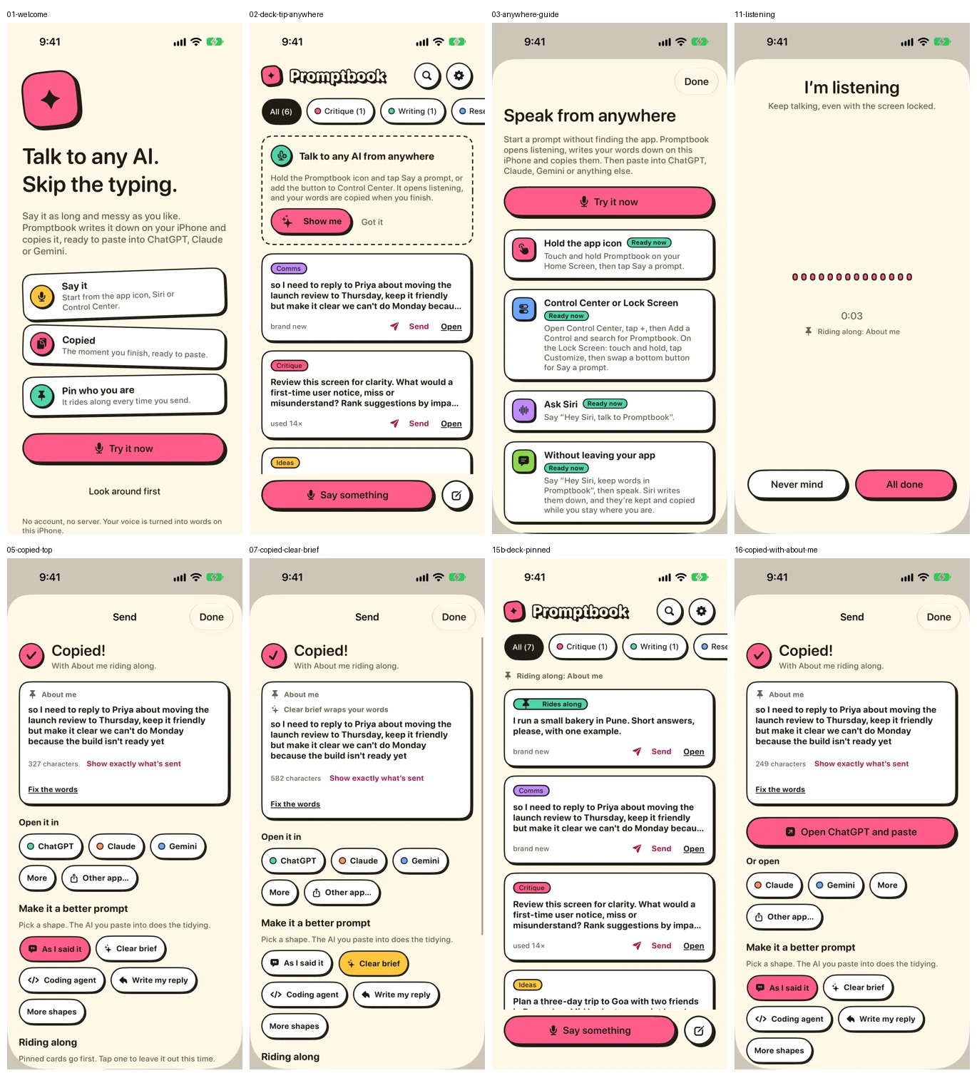 Eight screens from Promptbook 1.2