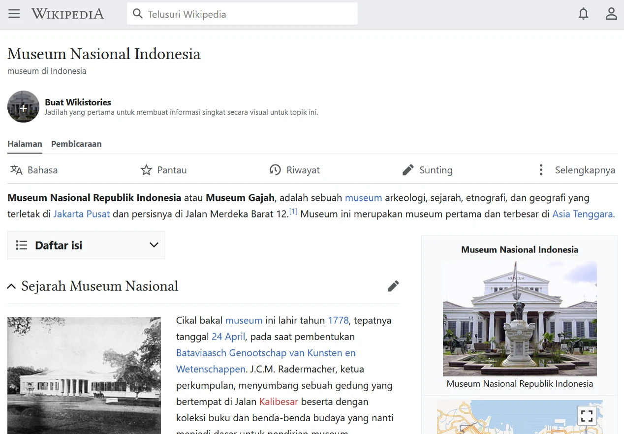 The Museum Nasional Indonesia article on Indonesian Wikipedia, with a round Buat Wikistories button just under the title
