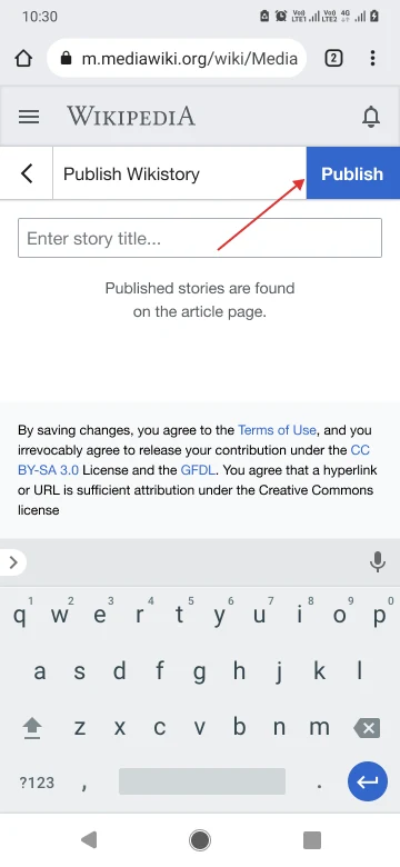 The Publish Wikistory screen, with a story title field and the licence terms