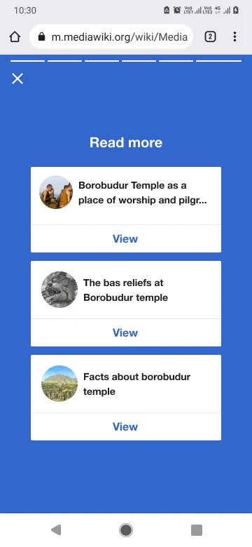 A Read more page listing three more stories about Borobudur