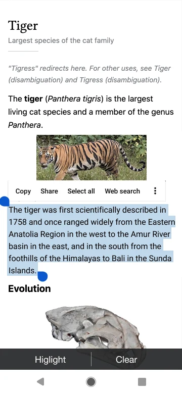 Mockup: a sentence about tigers selected in the article, with Highlight and Clear