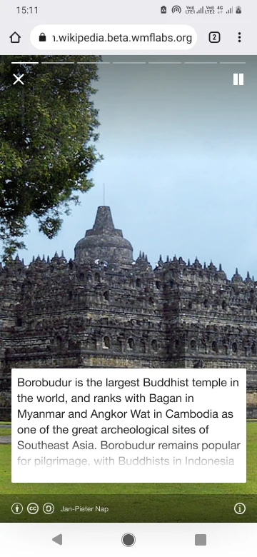 A story page about Borobudur, with the photographer's name and licence icons along the bottom