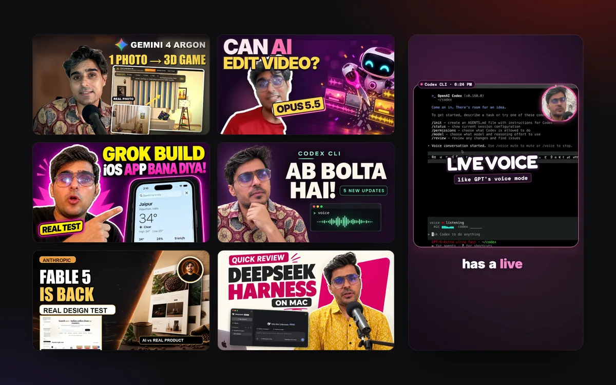 Six video thumbnails and one Short from the channel